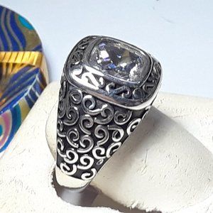 Estate 3.0ct Cushion Cut Bezel Set CZ Sterling Silver black Antiqued Ring #17760